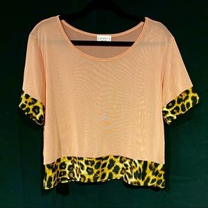 XL sheer mesh top with leopard trim.